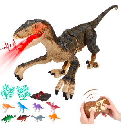 Remote Control Dinosaur Toys for Kids ,Walking Roaring Velociraptor, 2.4Ghz Electronic Realistic RC Dinosaur with 3D Eyes & Ligh