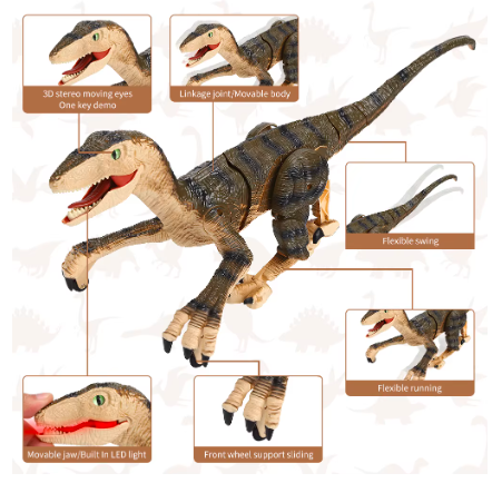 Remote Control Dinosaur Toys for Kids ,Walking Roaring Velociraptor, 2.4Ghz Electronic Realistic RC Dinosaur with 3D Eyes & Ligh