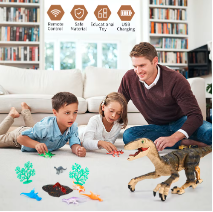 Remote Control Dinosaur Toys for Kids ,Walking Roaring Velociraptor, 2.4Ghz Electronic Realistic RC Dinosaur with 3D Eyes & Ligh