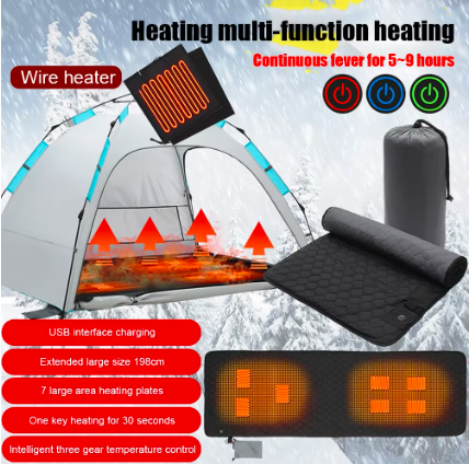 3-Level Adjustable USB Heated Seat Cushion Insulation Camping Sleeping Mattress 7 Zone Areas Foldable Portable for Hiking Travel