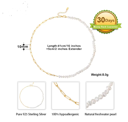 14K Gold Natural Freshwater Pearl Choker Necklace for Women 925 Silver Paper Clip Link Chain Necklaces Jewelry (Necklace + Bracelet )