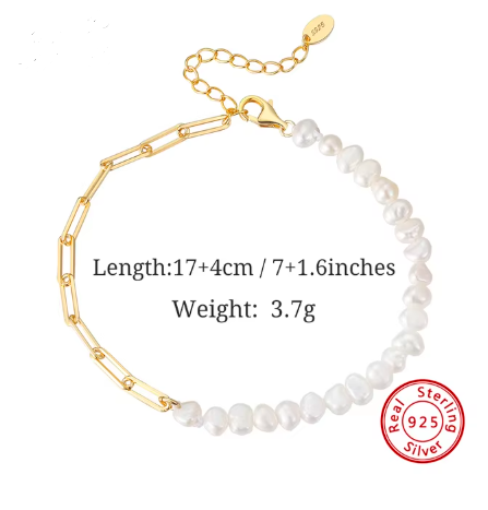 14K Gold Natural Freshwater Pearl Choker Necklace for Women 925 Silver Paper Clip Link Chain Necklaces Jewelry (Necklace + Bracelet )