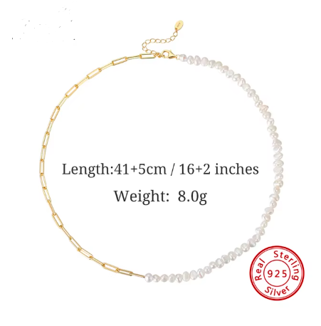 14K Gold Natural Freshwater Pearl Choker Necklace for Women 925 Silver Paper Clip Link Chain Necklaces Jewelry (Necklace + Bracelet )