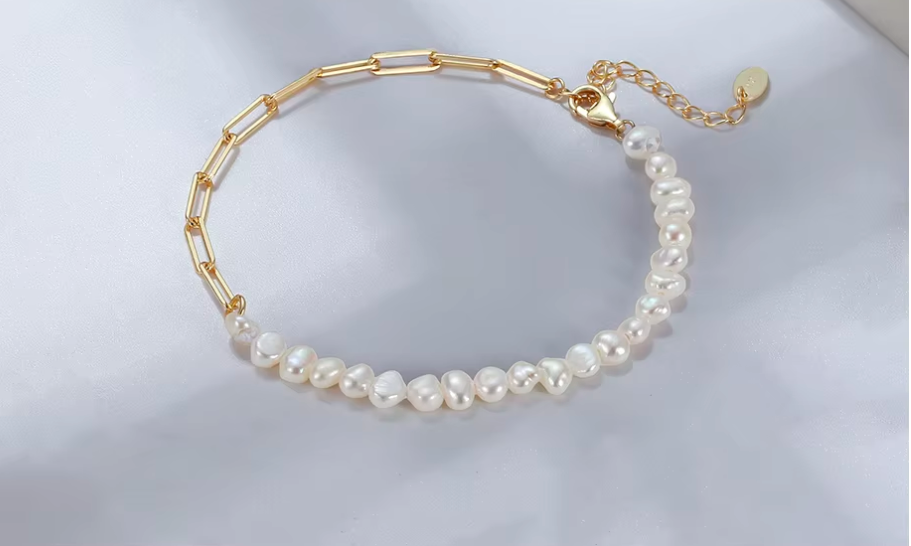 14K Gold Natural Freshwater Pearl Choker Necklace for Women 925 Silver Paper Clip Link Chain Necklaces Jewelry (Necklace + Bracelet )