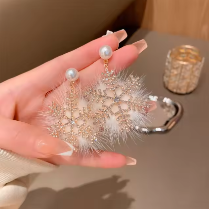 Diamond Studded Pearl Fluffy Snowflake Earrings Winter Plush Snow Earrings